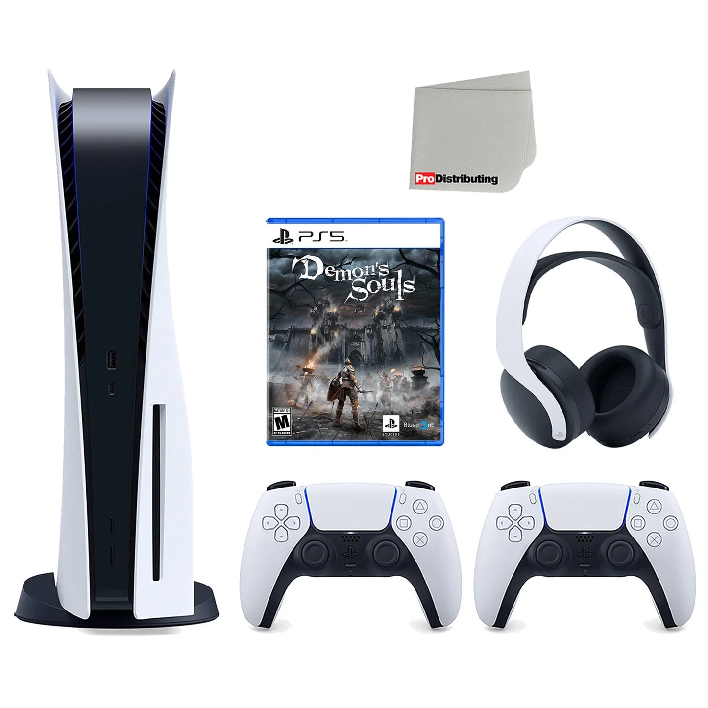 Sony playstation 5 disc version console with extra white controller, white pulse 3d headset and demon's souls bundle with cleaning cloth