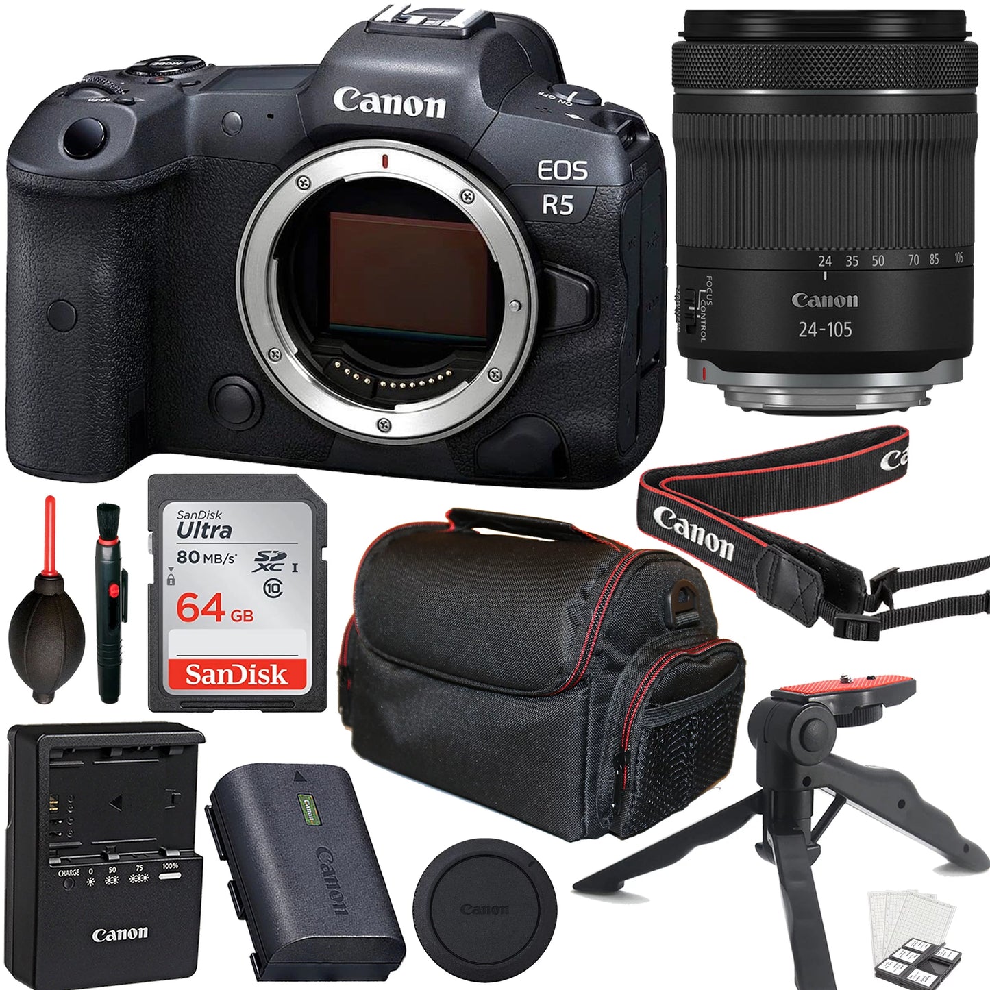 Canon eos r5 mirrorless camera with rf 24-105mm f/4-7.1 is stm lens + 64gb memory card + tripod + case & more