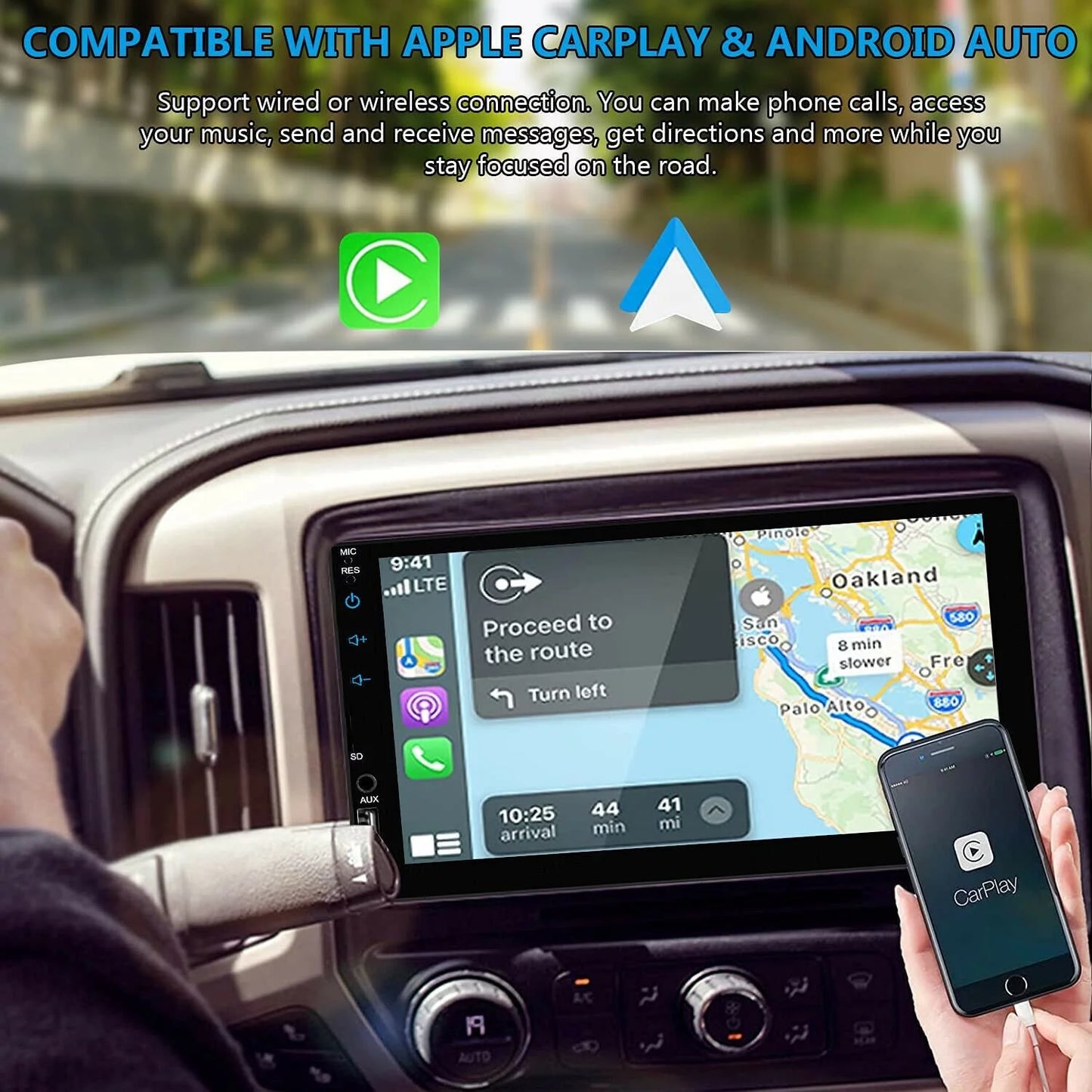 Double 2din 7" car stereo android/apple carplay radio touch screen player + 12led camera