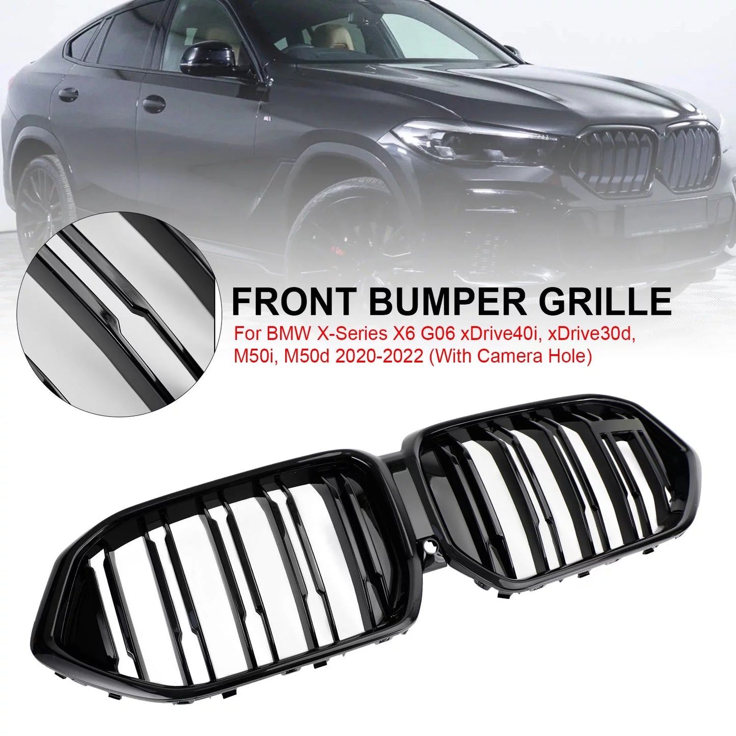 Front bumper grille grill fit for bmw x6 g06 m50i 2020-2022 w/camera hole black