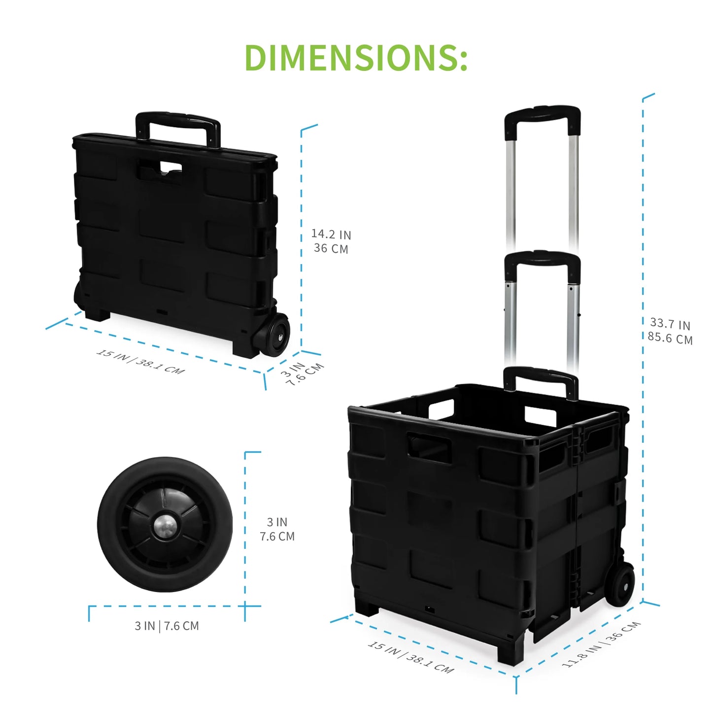 Ultra-slim rolling collapsible storage pack-n-roll utility-carts, with telescopic handle, for home, garden, shopping, office, school use, medium, black