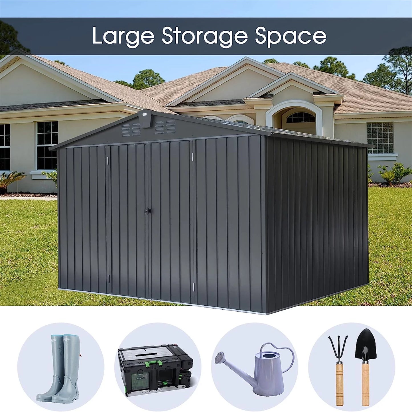 Outdoor storage shed 10'x 8', metal garden shed for bike, trash can, tools, galvanized steel outdoor storage cabinet with lockable door for backyard, patio, lawn (10x8ft, black)