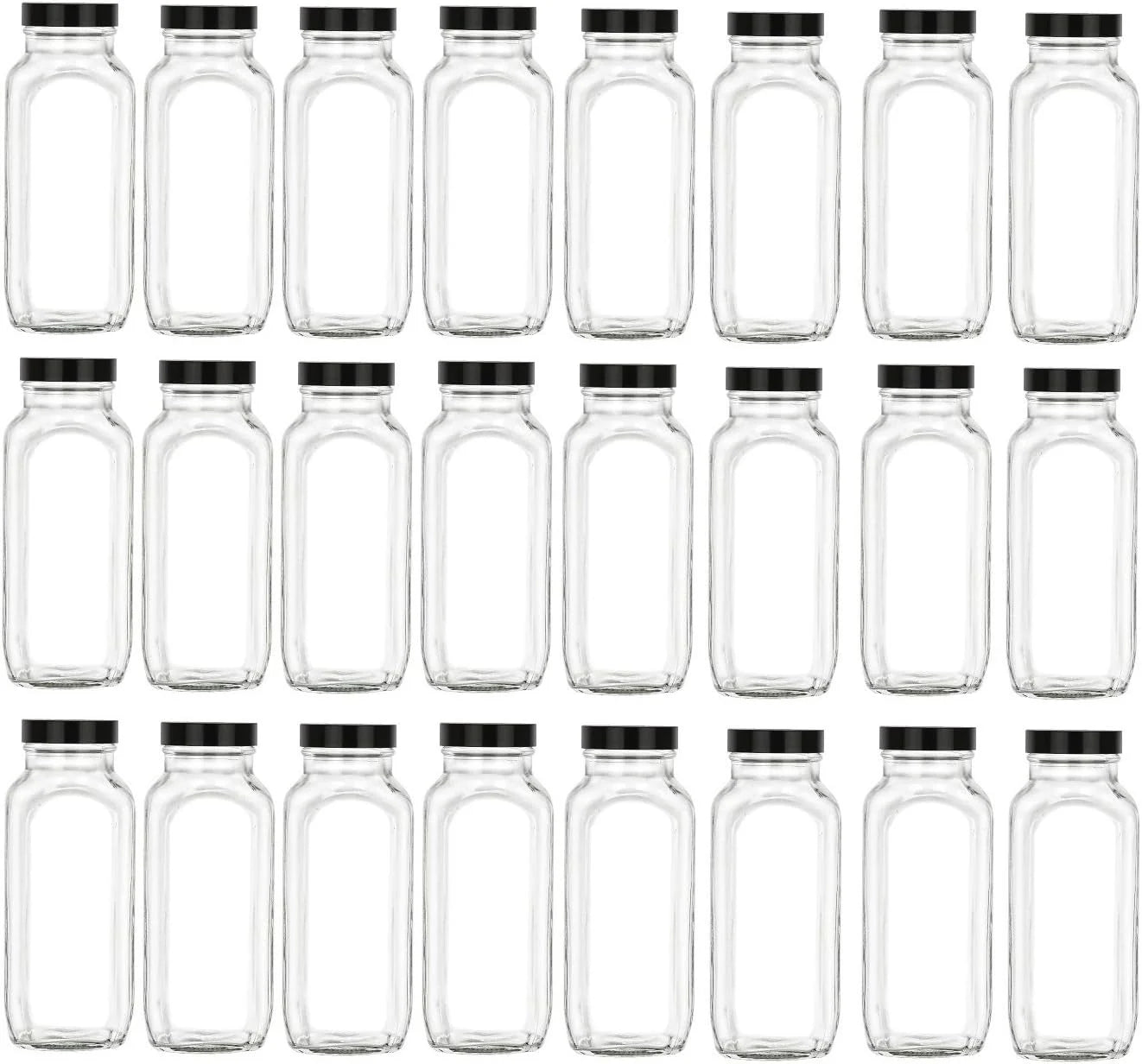 24 pcs 16 oz glass french square bottle set with black lids - wide mouth with bpa , airtight, leak proof lids for fruit juices, kombucha, dressings (black, 24)