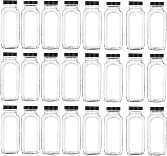 24 pcs 16 oz glass french square bottle set with black lids - wide mouth with bpa , airtight, leak proof lids for fruit juices, kombucha, dressings (black, 24)