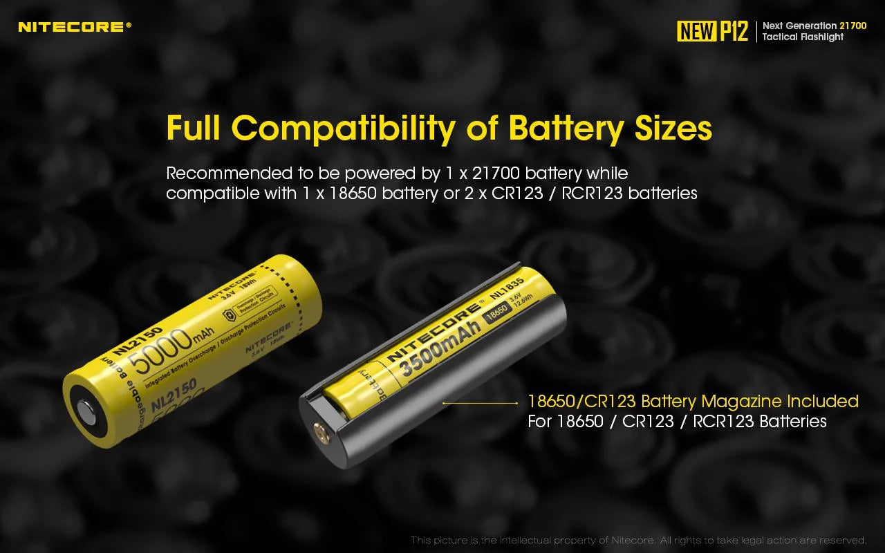 Nitecore new p12 version led flashlight - 1200 lumens w/nl2150hpr battery, usb cord,  and  3amp wall adapter