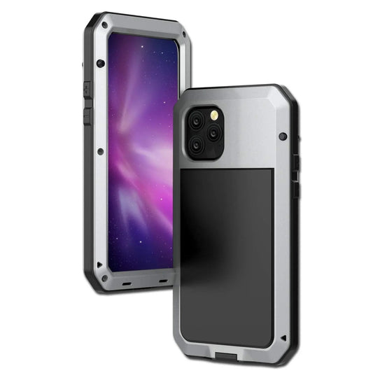 Gorilla glass aluminum metal iphone 12 pro max case (silver) heavy duty military grade shockproof and scratch resistant protection, rugged outdoor travel