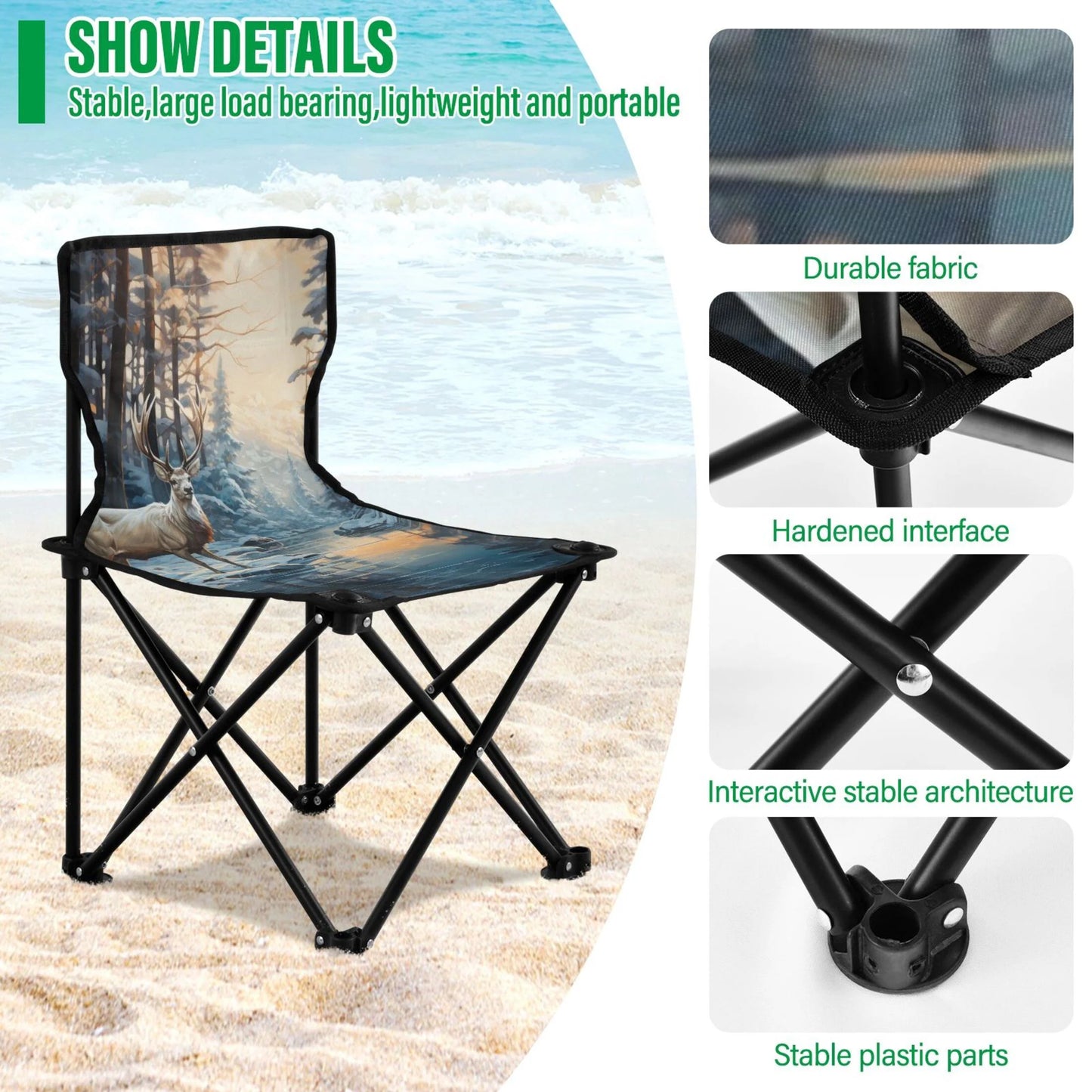 Deer in winter forest portable camping chair small for kids outdoor folding beach chair fishing chair lawn chair with carry bag