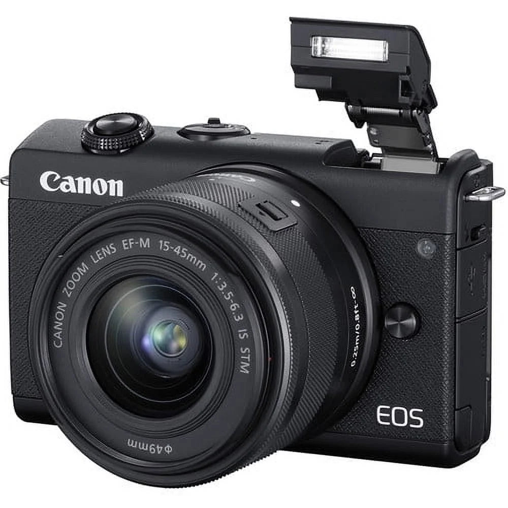 Restored canon eos m200 mirrorless digital camera with 15-45mm lens (black) (3699c009) + 64gb memory card + case + card reader + flex tripod + hand strap + cap keeper + memory wallet + cleaning kit (refurbished)