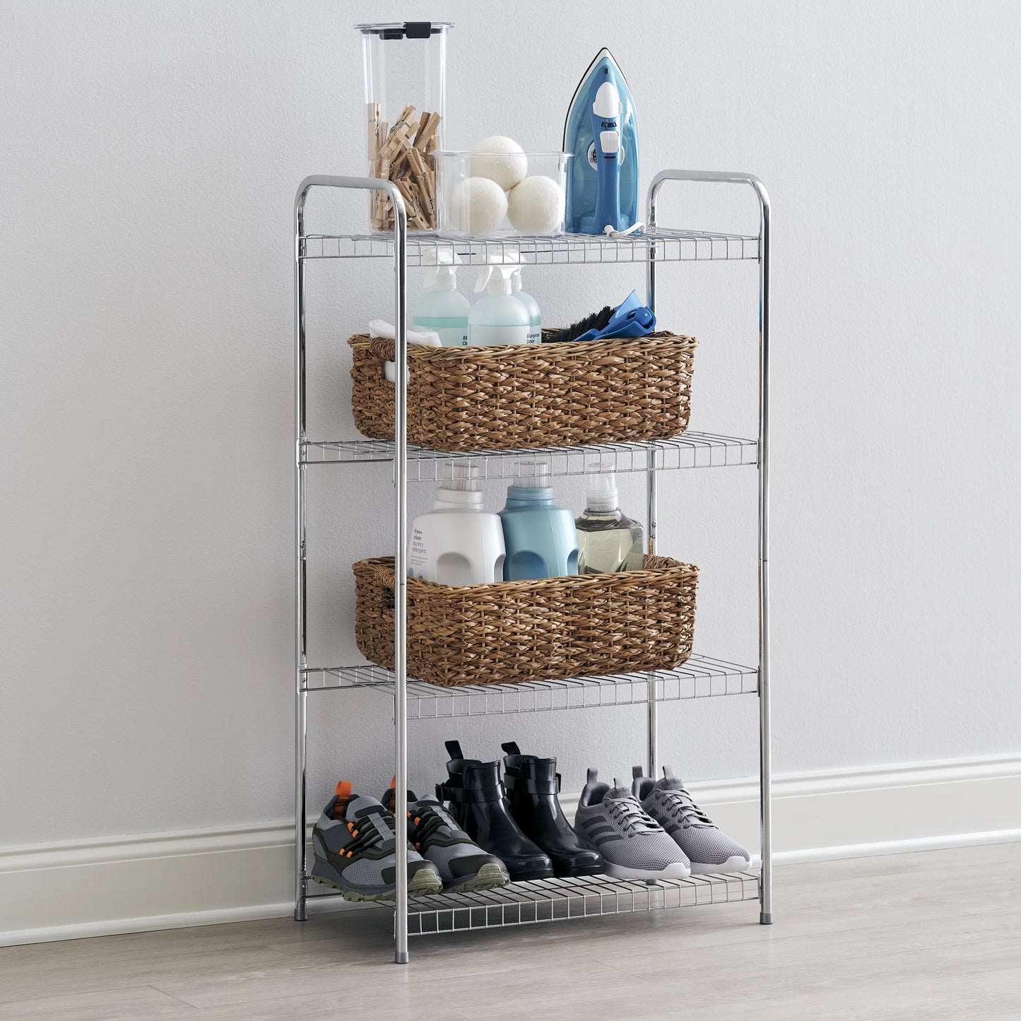 Rubbermaid freestanding 4-tier multipurpose wire shelving unit, satin nickel.