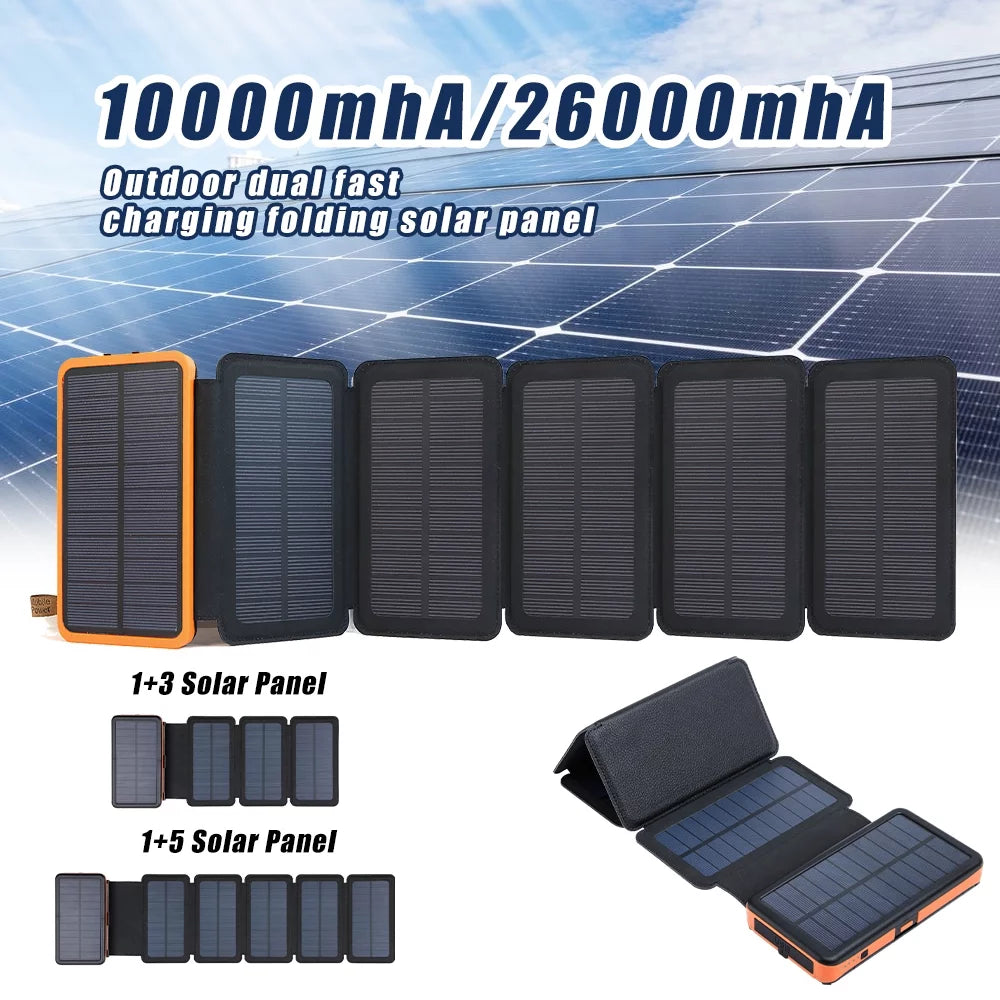 26000mah 6 solar panel portable charger folding solar power bank external battery with flashlight for cell phone