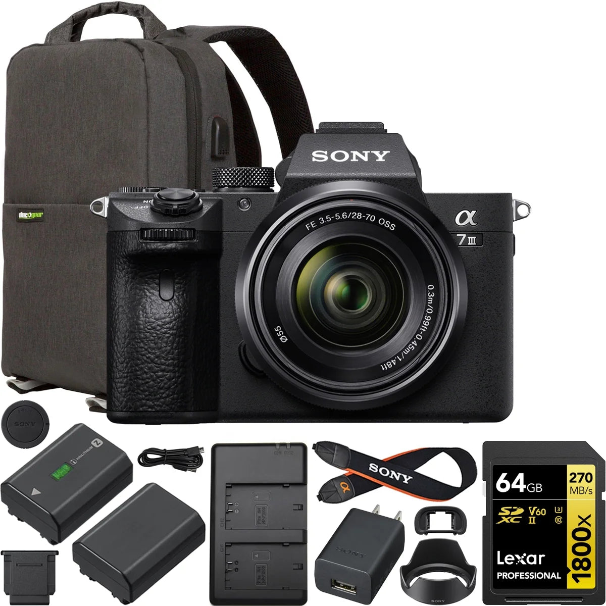 Sony a7 iii mirrorless full frame camera body with 28-70mm f3.5-5.6 oss lens ilce-7m3k/b double battery content creator bundle with deco gear photography backpack + 64gb card + external charger kit