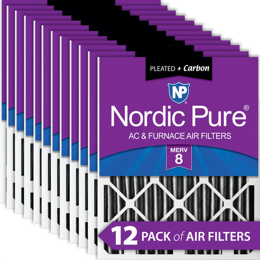 Nordic pure 16x25x2 furnace air filters merv 8 pleated plus carbon 12 pack