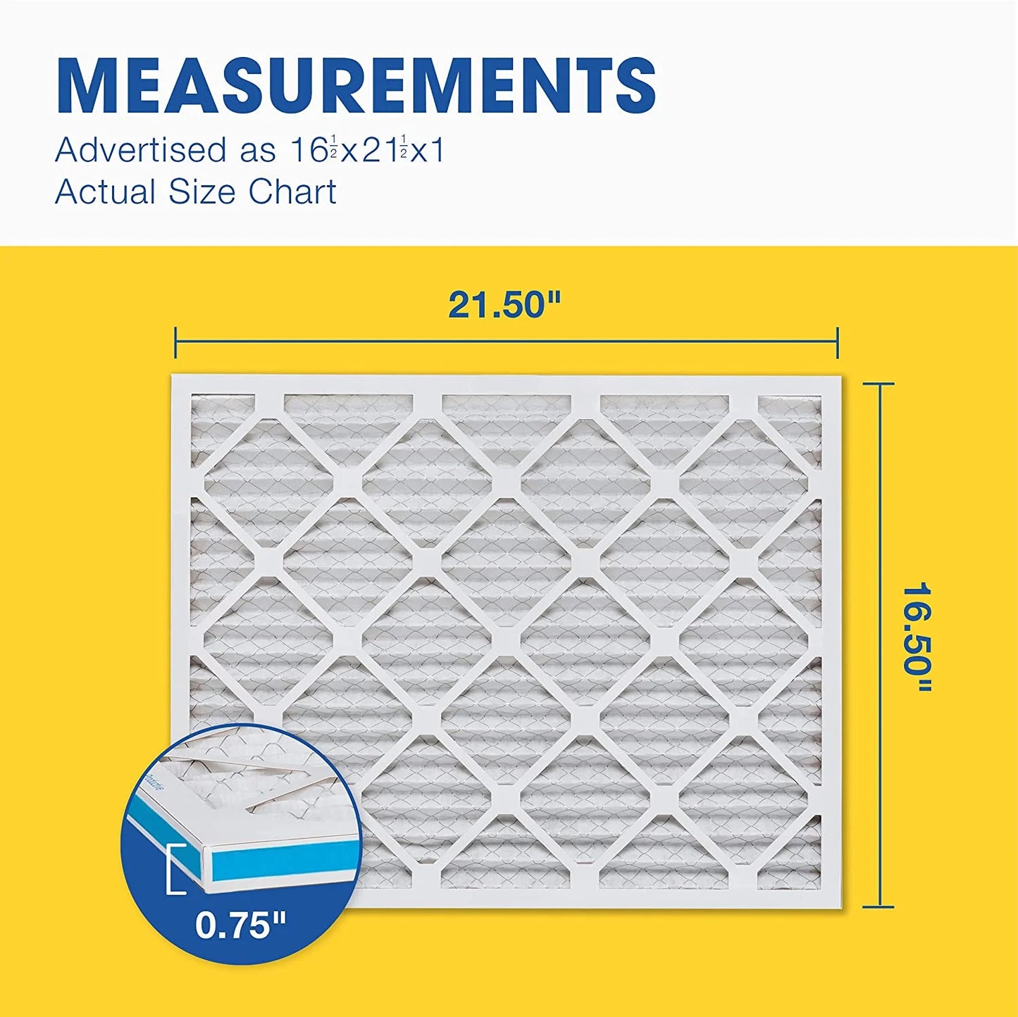 Aerostar 16 1/2x21 1/2x1 merv 13 pleated air filter, ac furnace air filter, 6-pack (actual size: 16 1/2" x 21 1/2" x 3/4")