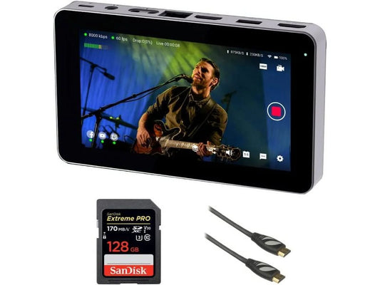 Yololiv yoloboxmini yolobox mini ultra-portable all-in-one smart live streaming encoder/monitor bundle with 128gb extreme pro memory card and pearstone 6' hdmi cable