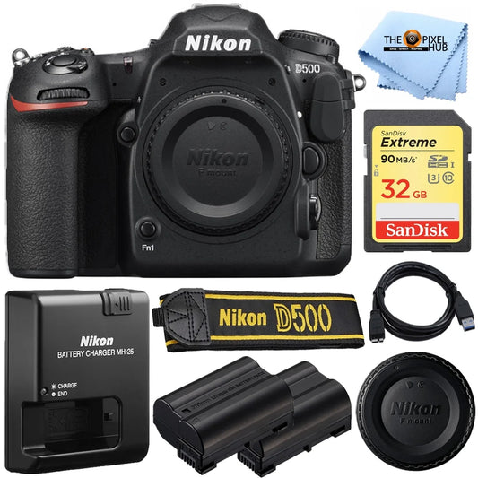 Nikon d500 20.9mp 4k wifi dslr camera (body only) + extra battery + sandisk 32gb sd bundle