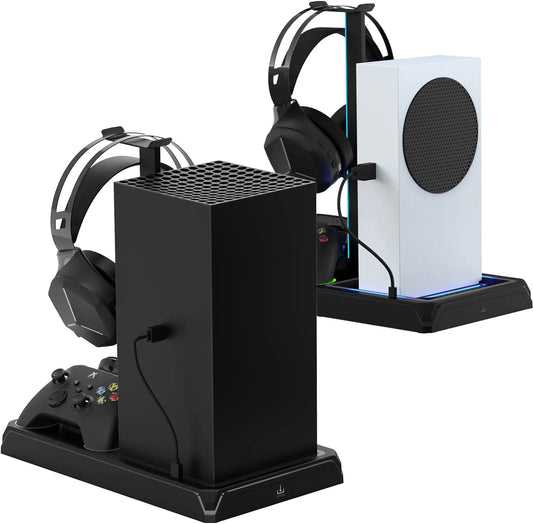 Vertical charging stand with cooling fan for xoriginal packaging series x/s, cooling station dock with 12 games storage organizer, dual controller charger station & headphone holder with 2 x 1400 mah battery packs