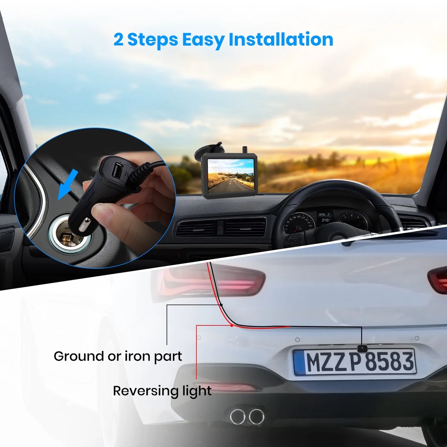 Digital wireless backup camera system with 2 cameras, ip68 waterproof wireless rear view camera 2 channels reversing system for car