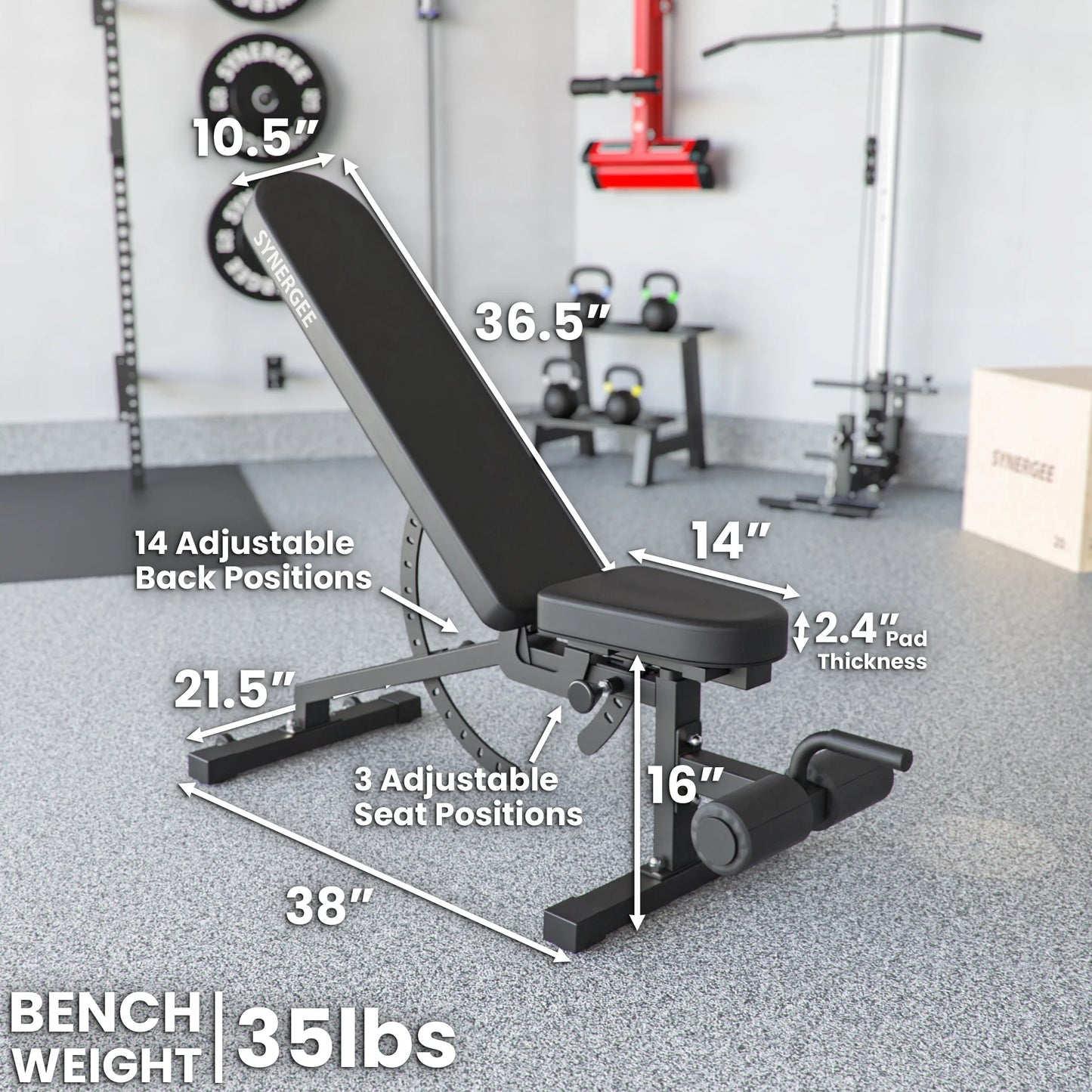 Synergee adjustable incline decline workout bench. weight bench for dumbbell & barbell press exercises & workouts. great for commercial, garage and home gym.