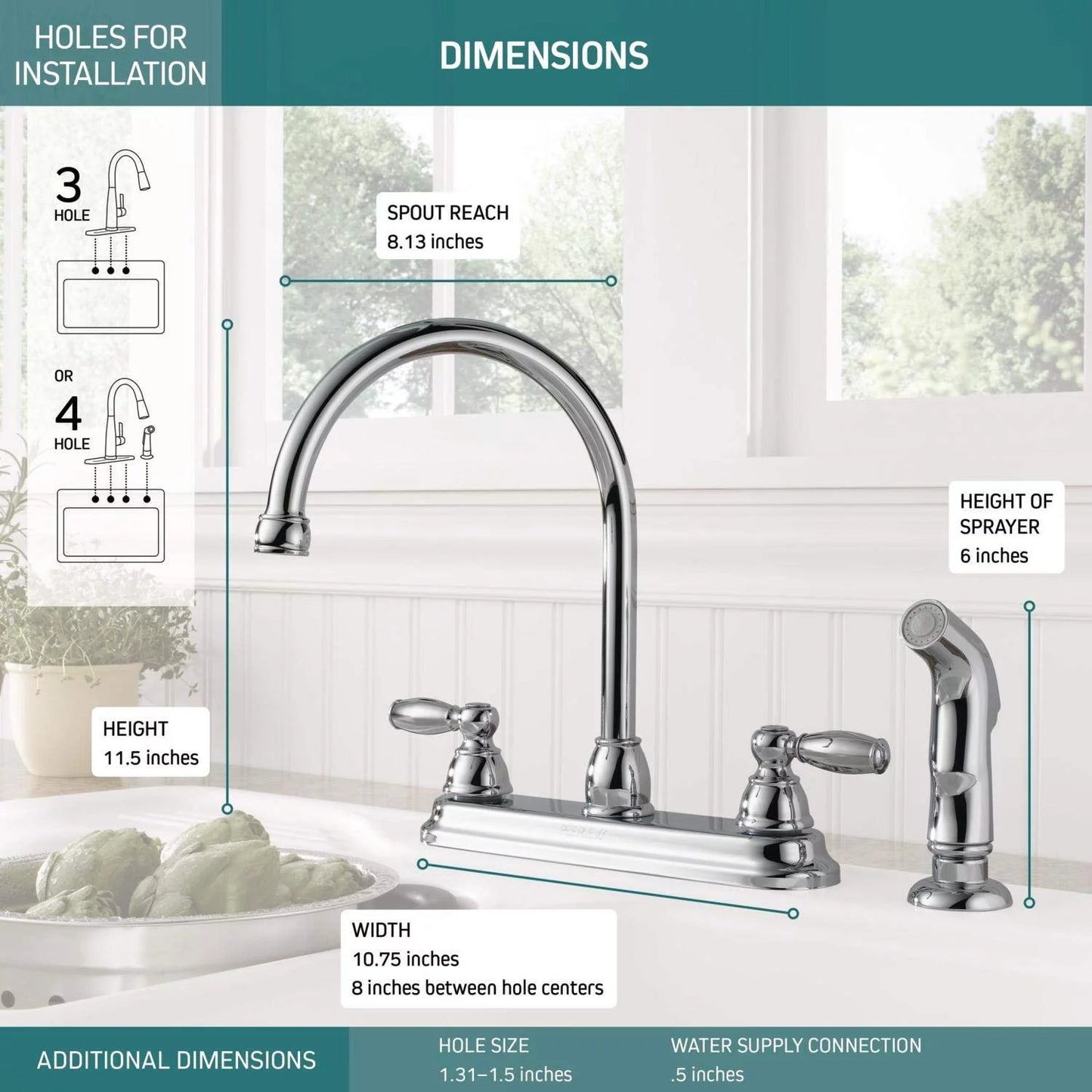 Peerless claymore 2-handle kitchen sink faucet with side sprayer, chrome p299575lf