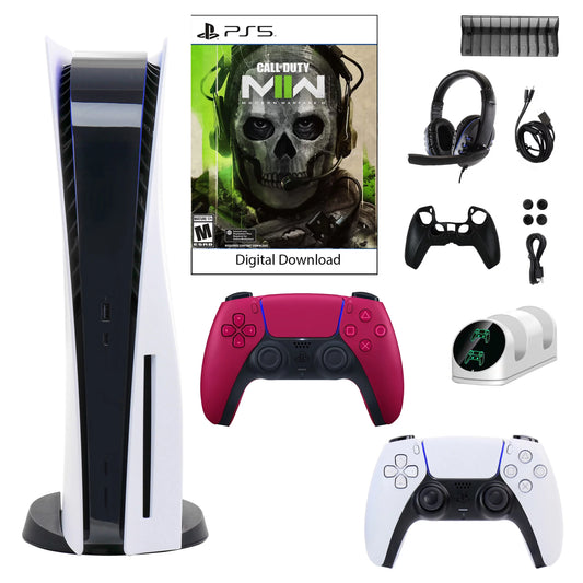 Sony playstation 5 core console with call of duty: modern warfare ii with accessories and dualsense controller in cosmic red