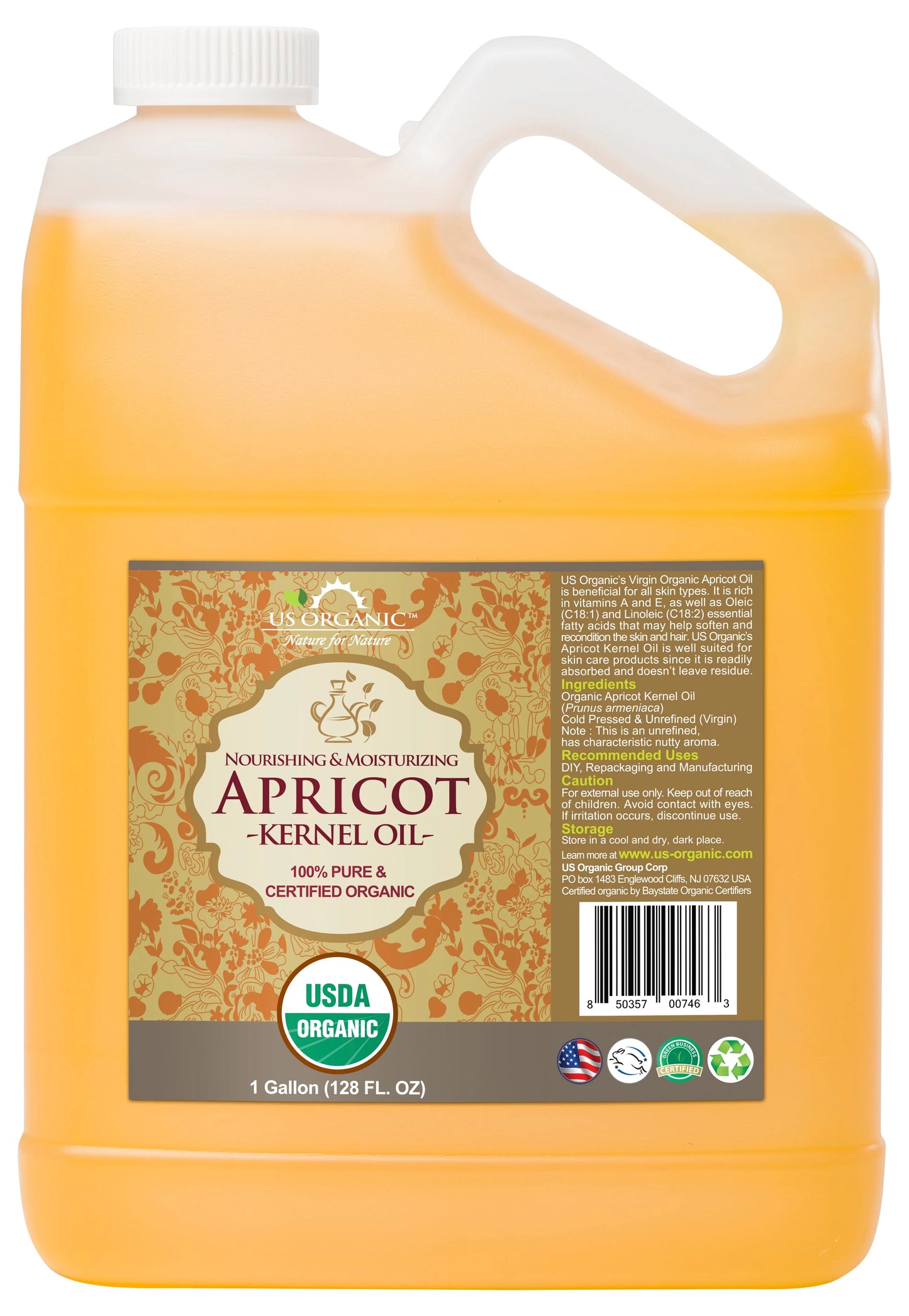 Us organic  apricot kernel oil, 100% pure certified usda organic, 128 oz (1 gallon)