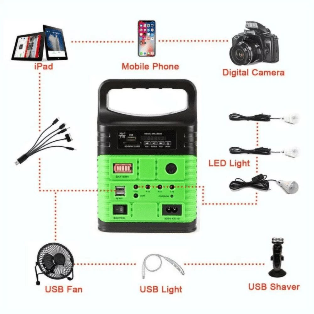 Portable power station and solar generator with 10w solar panel, flashlights, camp lamps with battery usb charger back-up electric system home emergency power outdoor