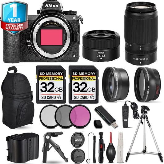 Nikon z6 ii mirrorless camera with 50-250mm f/4.5-6.3 vr lens + 28mm f/2.8 lens + 3 pc filter set + backpack + 64gb