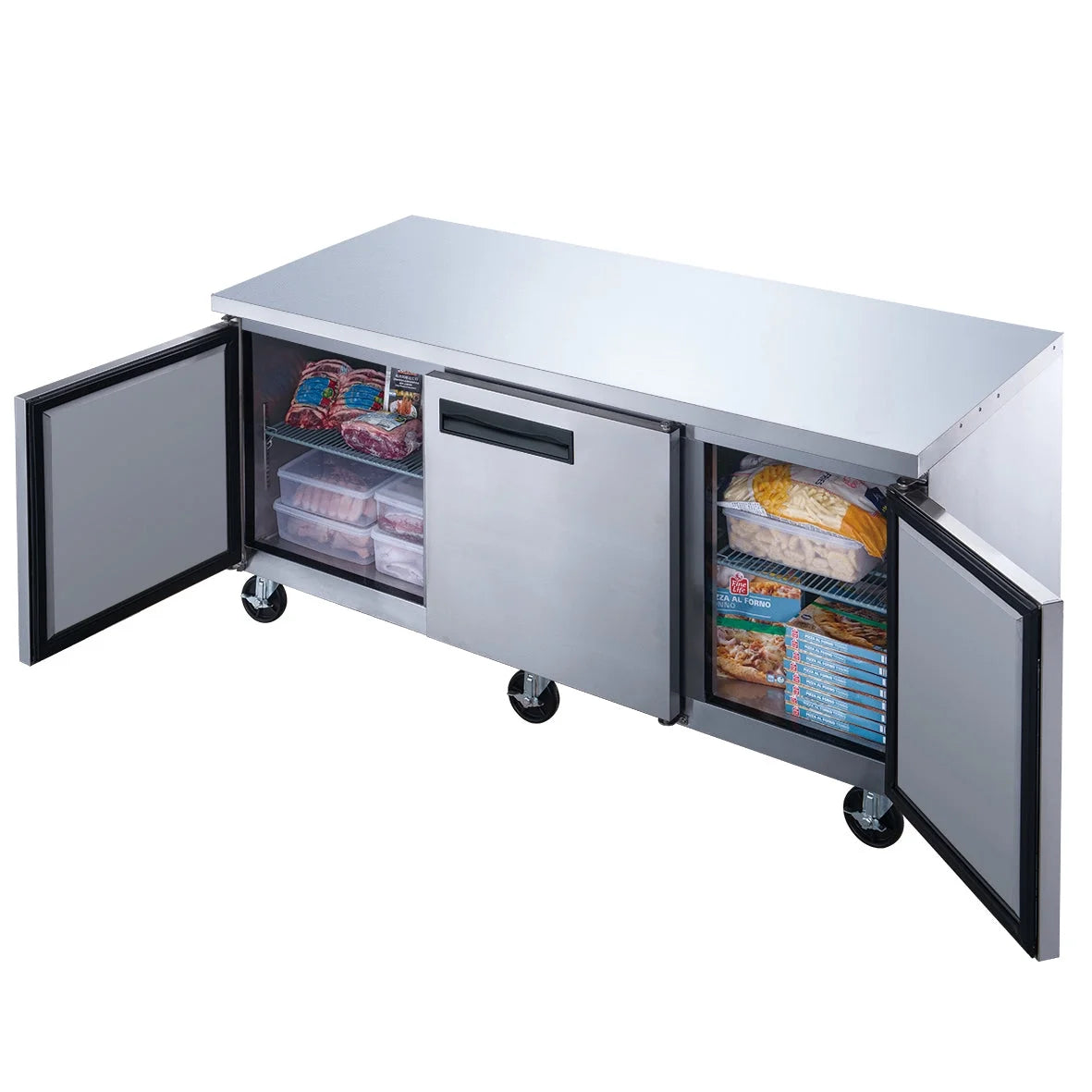 72 in. three door commercial undercounter freezer in stainless steel 18.96 cu. ft.