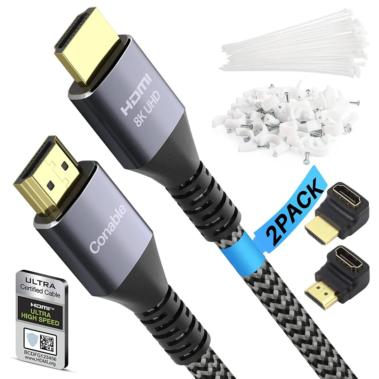 Short 8k hdmi 2.1 certified cable 2 feet (2 pack) 48gbps high speed ultra hd braided cord, 8k@60hz 4k@120hz earc hdr