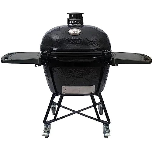 Primo all-in-one oval xl 400 ceramic kamado grill with cradle, side shelves, and stainless steel grates - pgcxlc (2021)