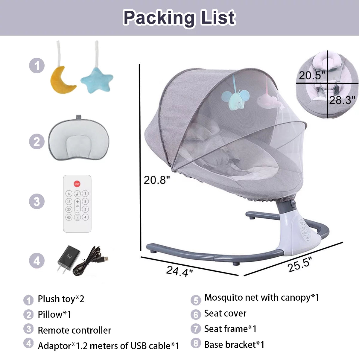 Electric baby swing portable swing chair infant swing seat with 4 speeds and remote control, gray