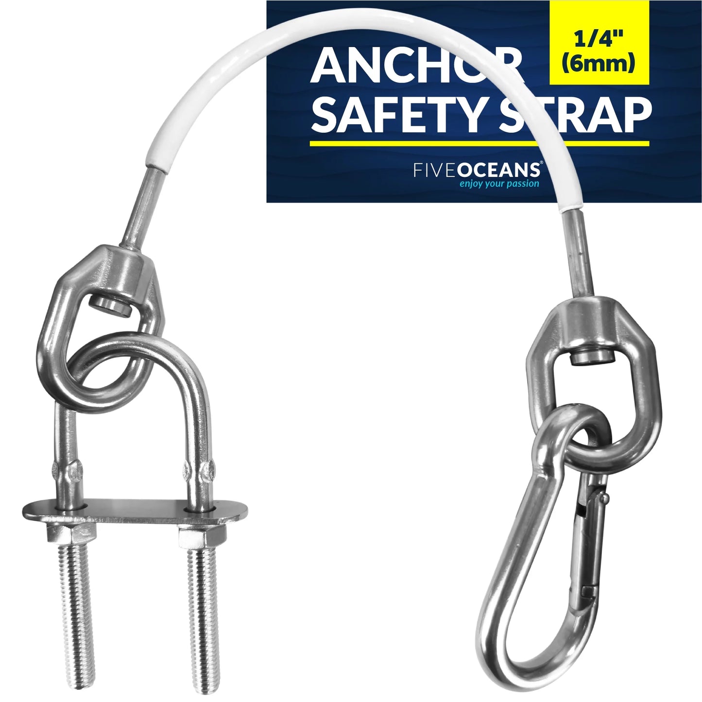 Five oceans 12-inch anchor safety straps, heavy duty 7x19 pvc coated stainless steel 6mm wire rope, includes 5/16-inch carabiner snap hook and 5/16-inch u-bolt - fo4560