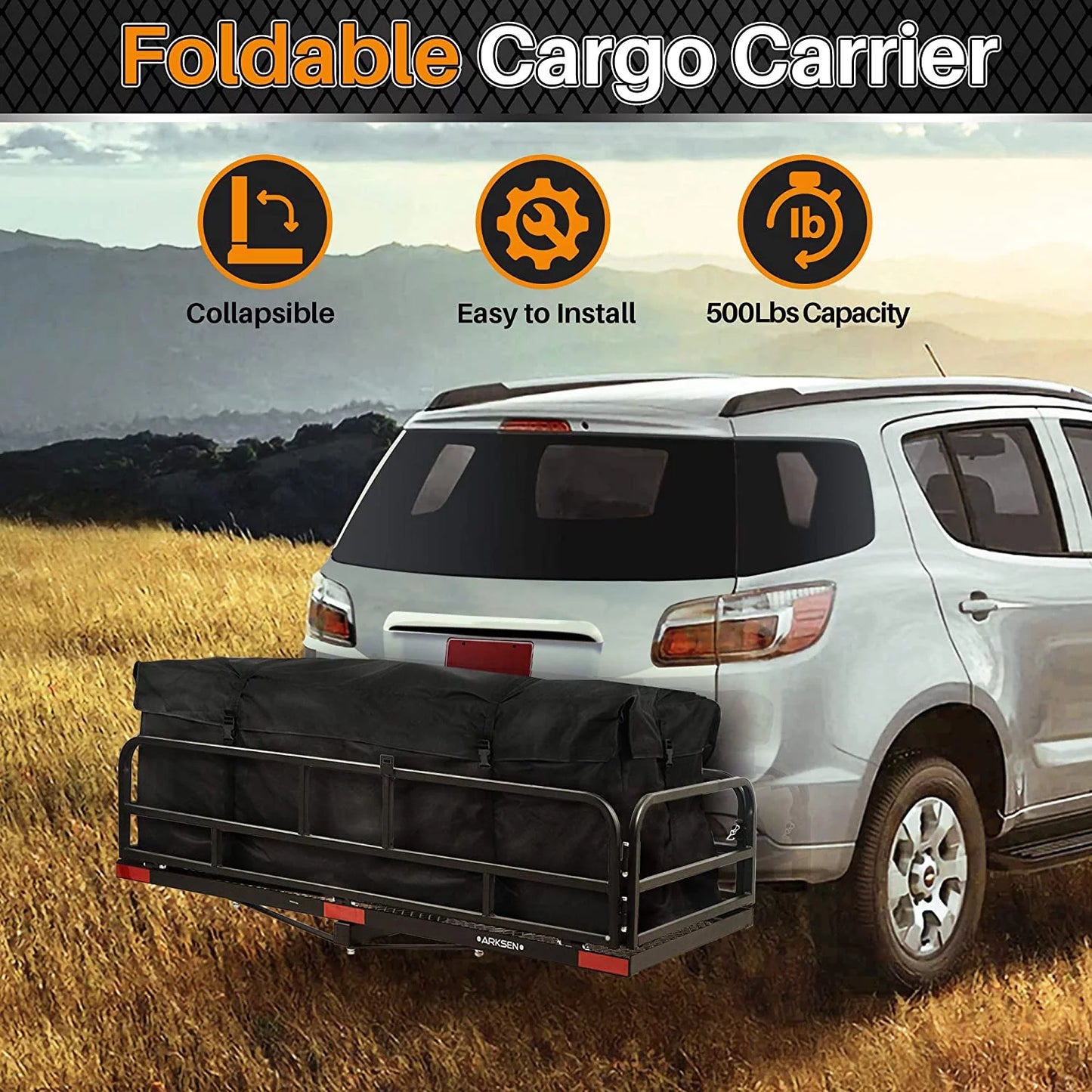 60 x 24 inch folding cargo rack carrier with waterproof cargo bag 500 lbs heavy duty capacity 2 inch receiver luggage basket hitch fold up for suv pickup camping traveling