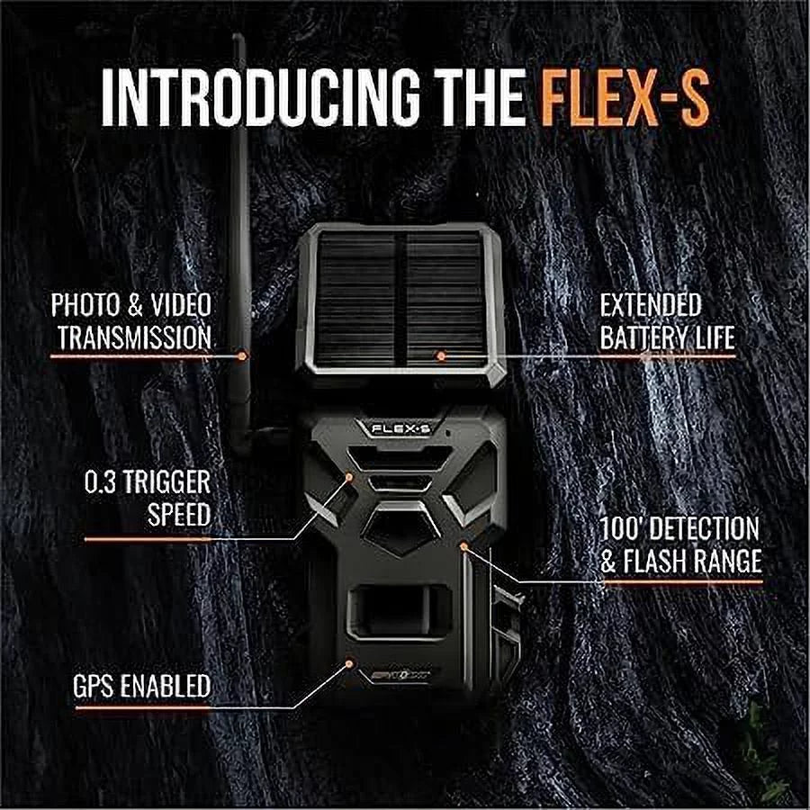 Spypoint flex-s solar cellular trail camera integrated solar panel, lte connectivity, 100-foot flash/detection range, internal battery, optional battery backup + steel reinforced strap