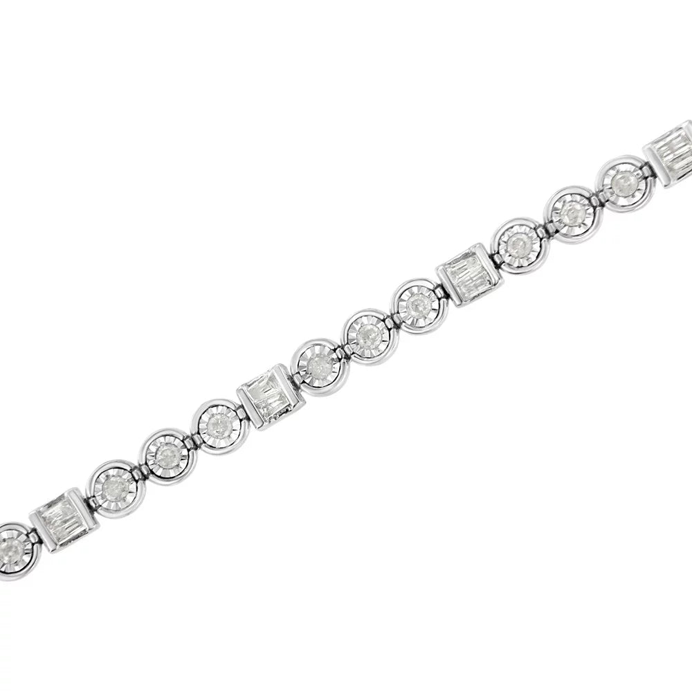 .925 sterling silver 1.0 cttw alternating channel set baguette and miracle set round diamond link bracelet (i-j color, i3 clarity) - 7.25"