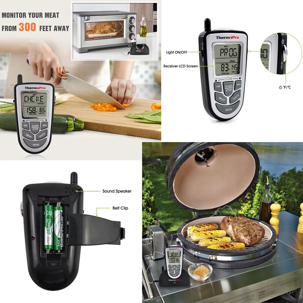 Wireless remote thermometer probe bbq grill meat kitchen oven food cooking smoke, thermopro, lcd