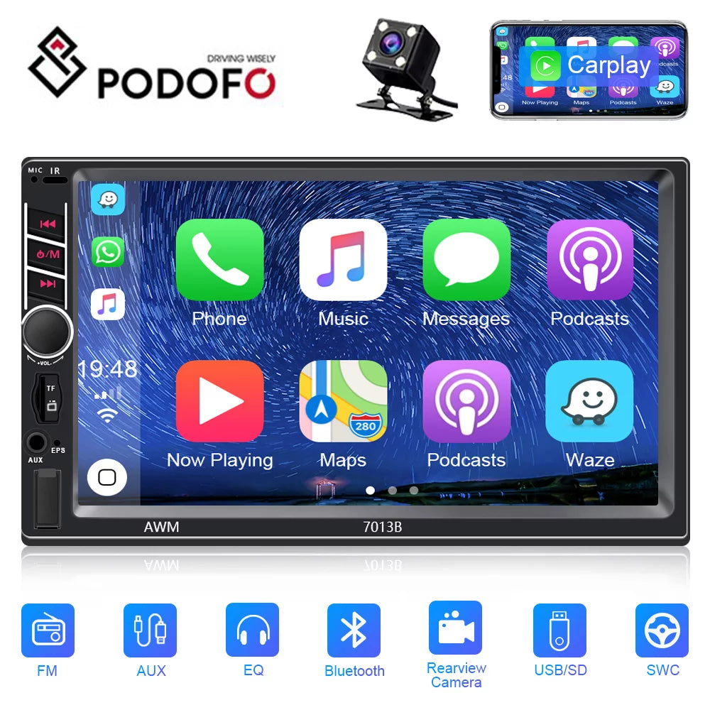 Podofo 2 din car stereo with apple d-play 7 inch touch screen car mp5 player car radio bluetooth usb with 4 led rear view camera