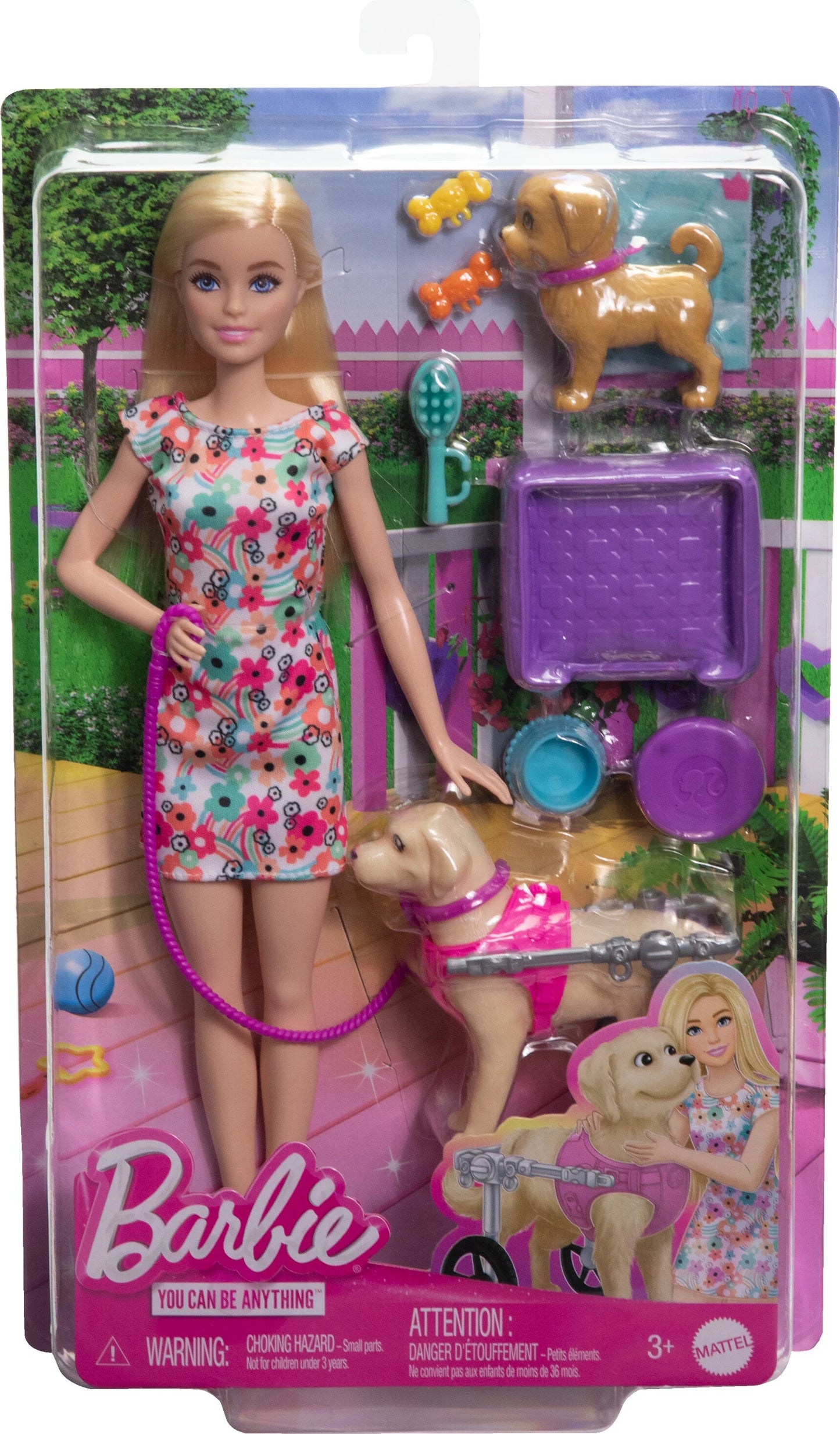 Barbie doll pup playset with a toy pup and dog in a wheelchair, plus pet accessories, multicolor