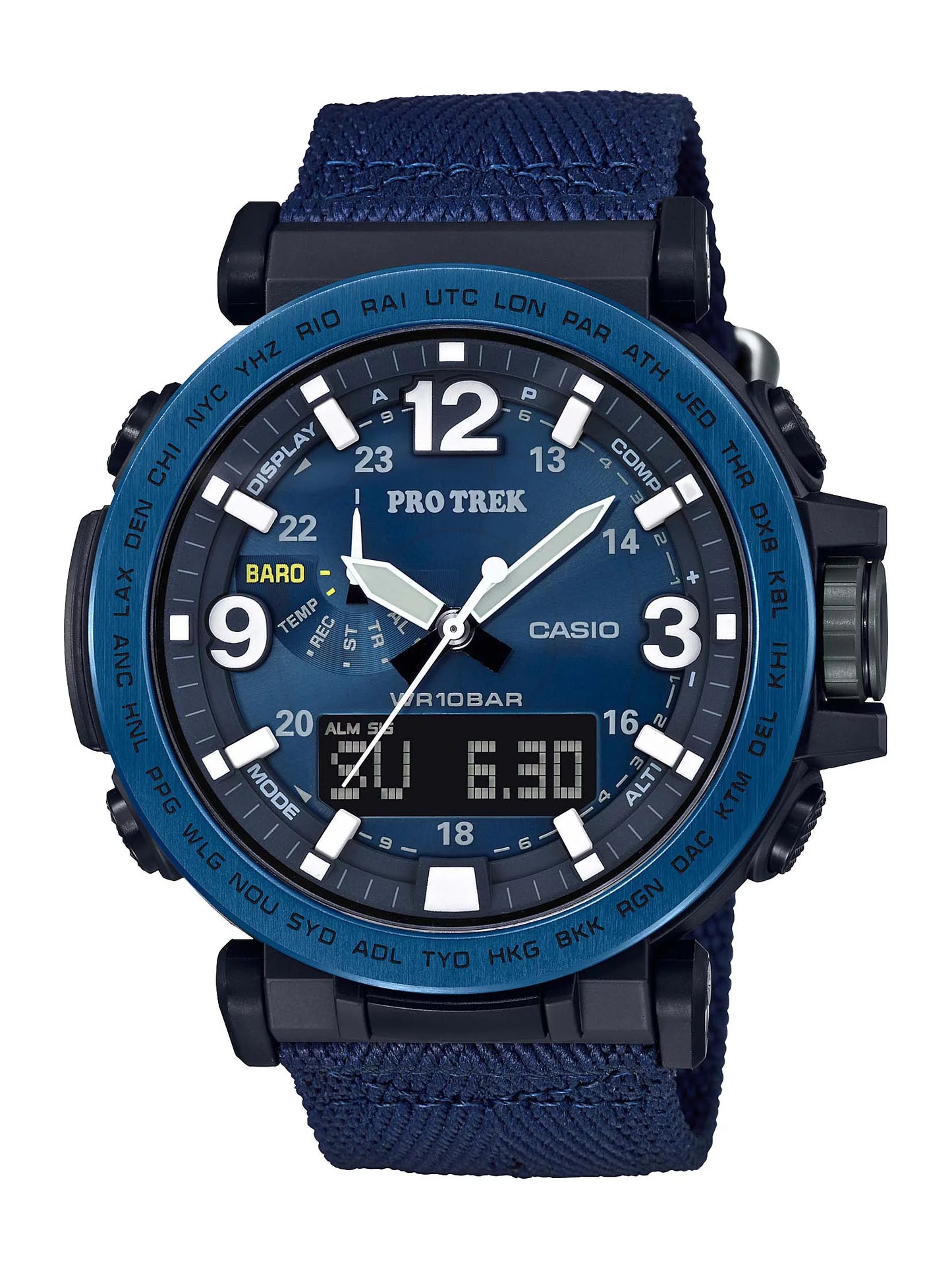 Casio men's pro trek solar powered triple sensor watch, blue nylon strap