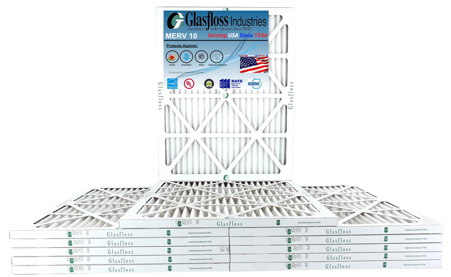 Glasfloss 20x24x1 - merv 10 -qty:12 - furnace air filter - made in usa (actual size: 19.5 x 23.5x7/8 inch)