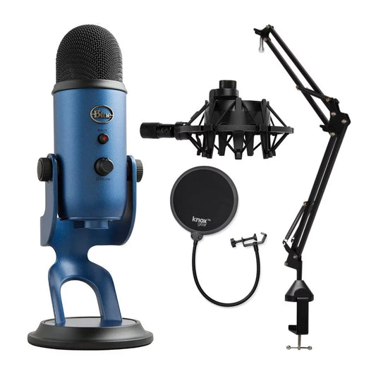 Blue microphones yeti microphone (midnight blue) with boom arm stand, pop filter and shock mount