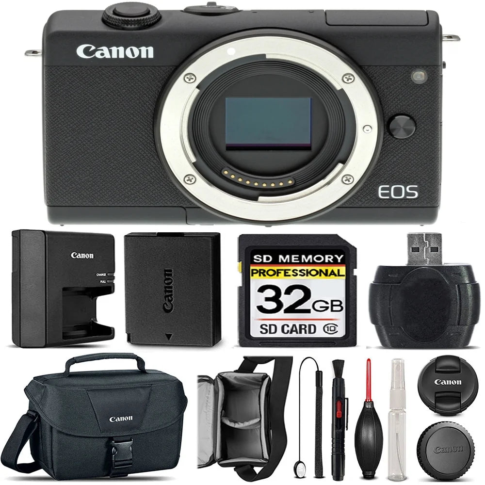 Canon eos m200 dslr camera (body only) + canon 32gb class 10 memory card + canon eos shoulder bag 100es + card reader + lens cap holder - international version