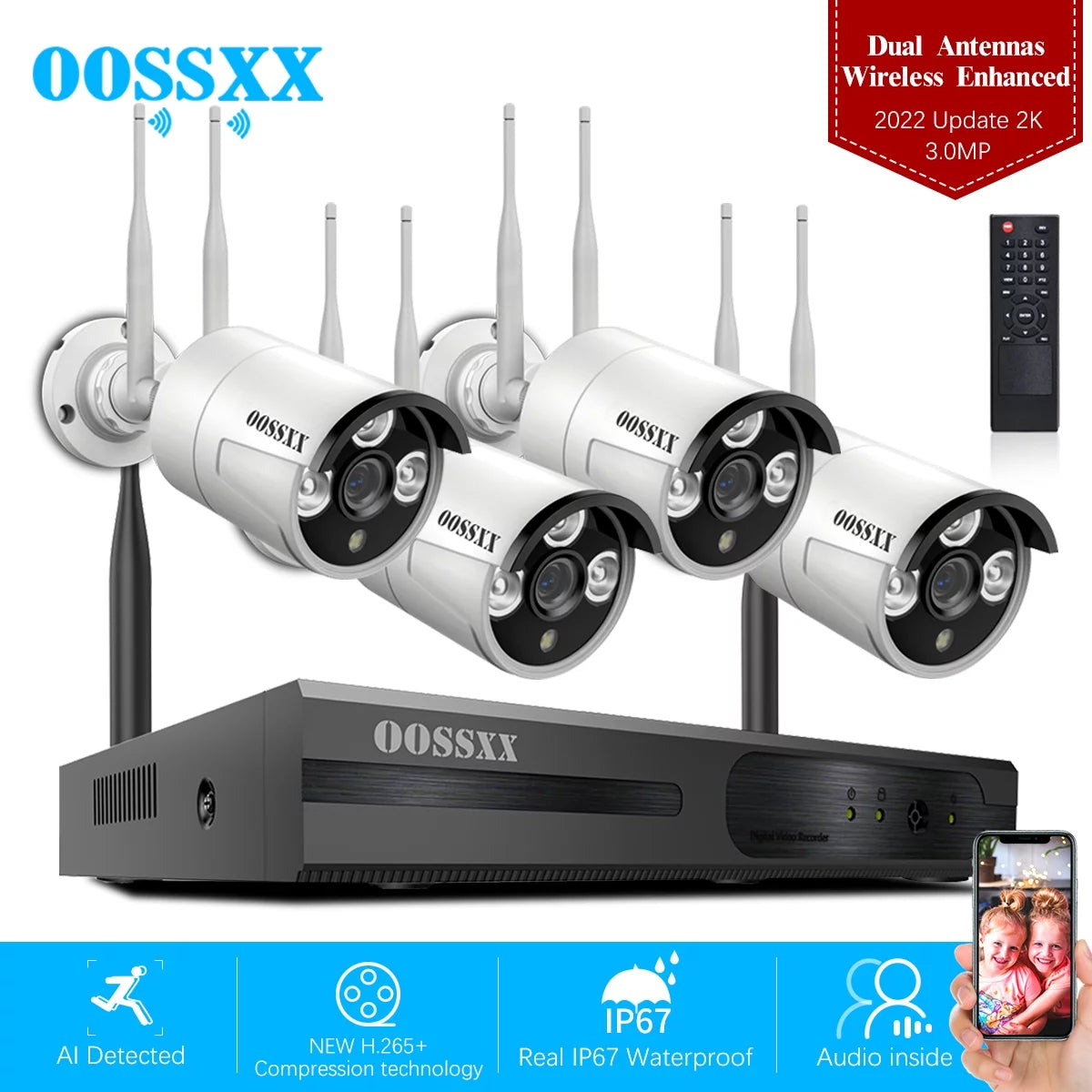 Dual antennas 2k 3.0mp wireless security camera system, surveillance nvr kits without hard drive, 4pcs outdoor wifi security cameras