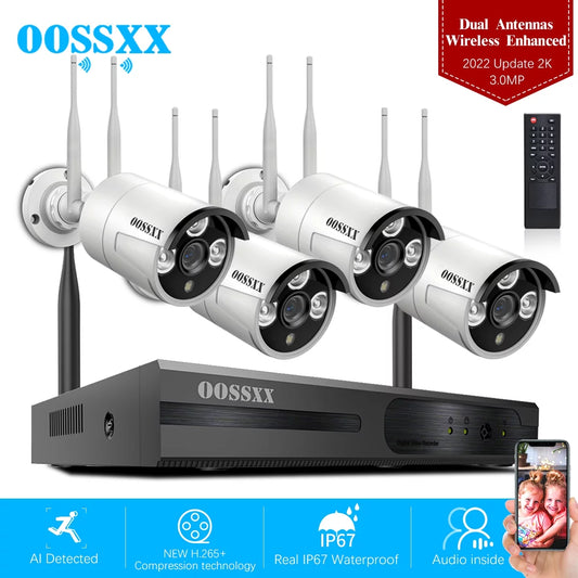 Dual antennas 2k 3.0mp wireless security camera system, surveillance nvr kits without hard drive, 4pcs outdoor wifi security cameras