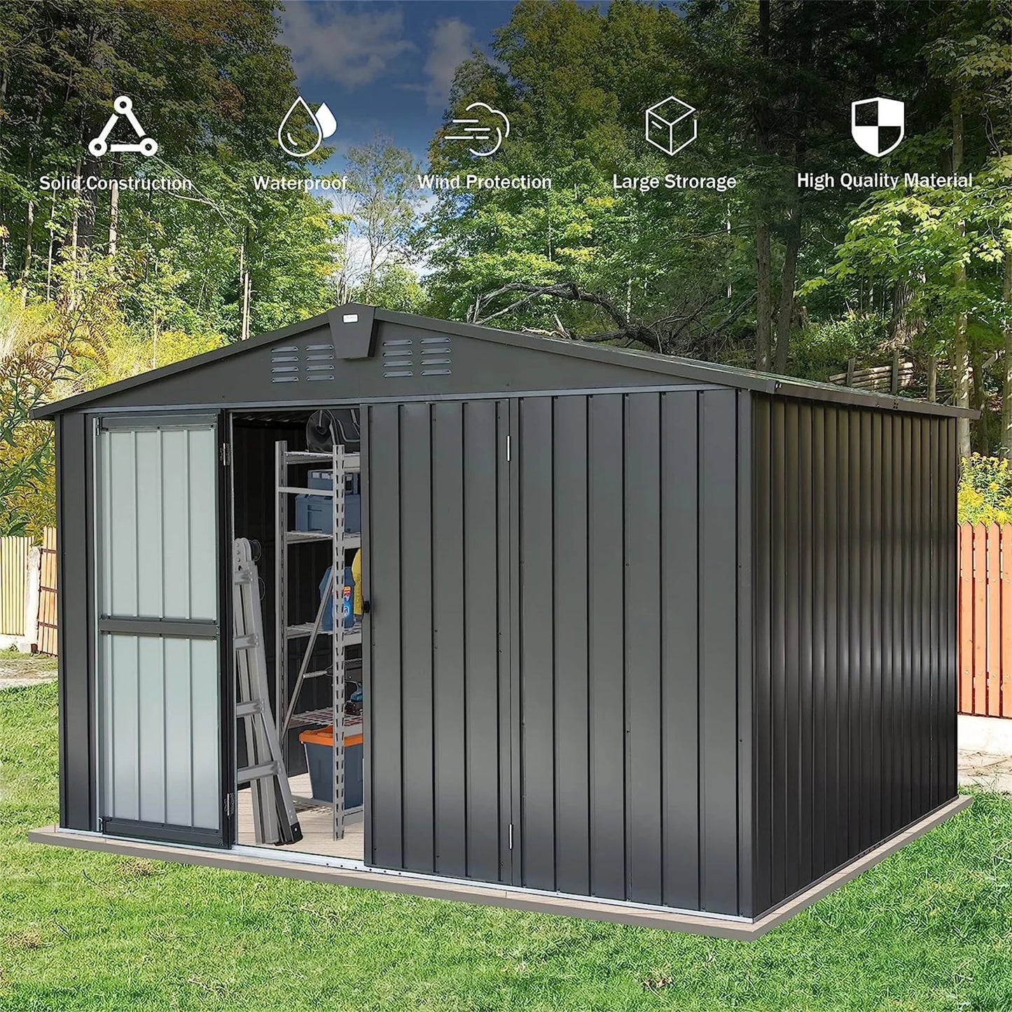 Outdoor storage shed 10'x 8', metal garden shed for bike, trash can, tools, galvanized steel outdoor storage cabinet with lockable door for backyard, patio, lawn (10x8ft, black)