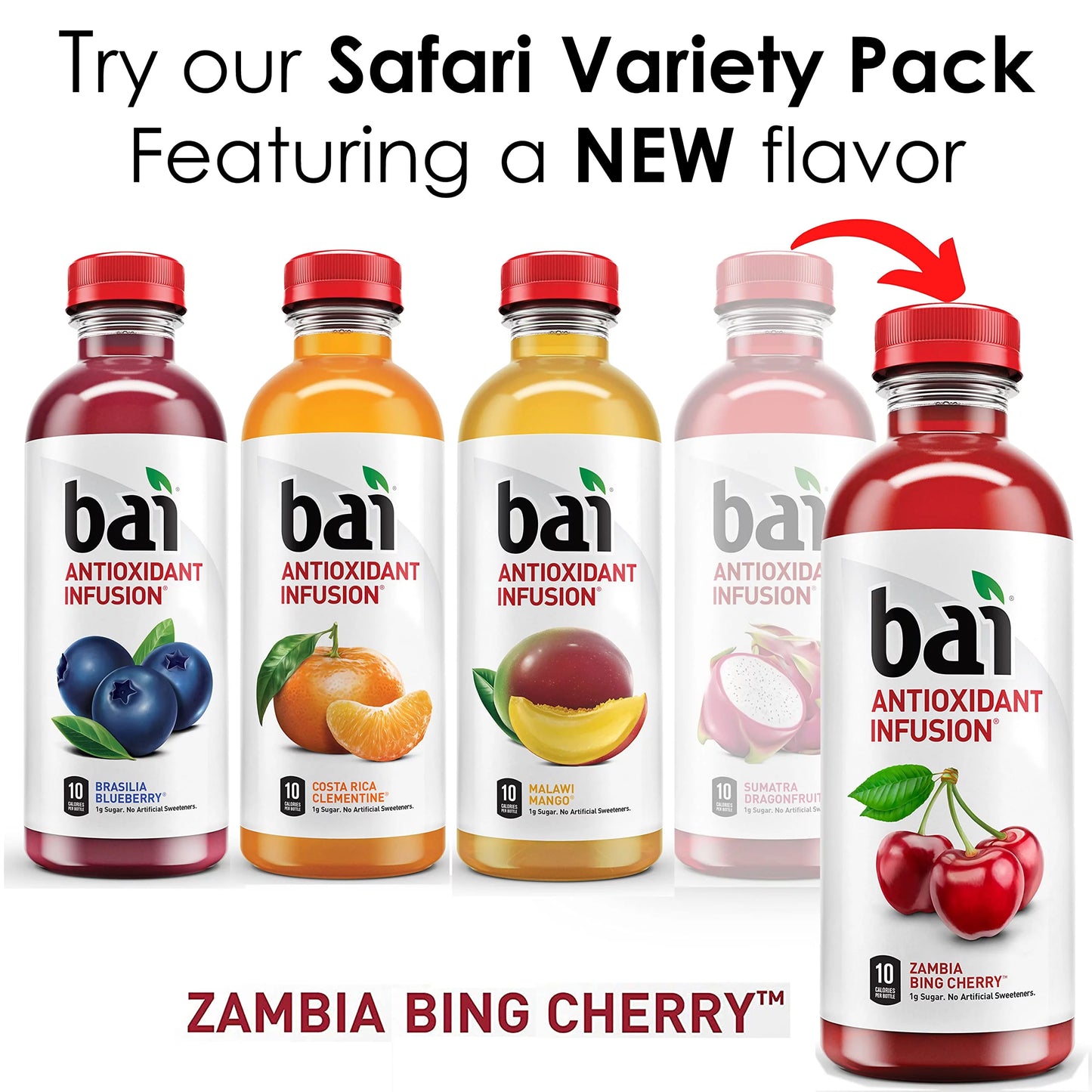 Bai flavored water, safari variety pack, antioxidant infused drinks, 3 each of brasilia blueberry, costa rica clementine, malawi mango, zambia bing cherry,18 fl oz bottles (pack of 12)