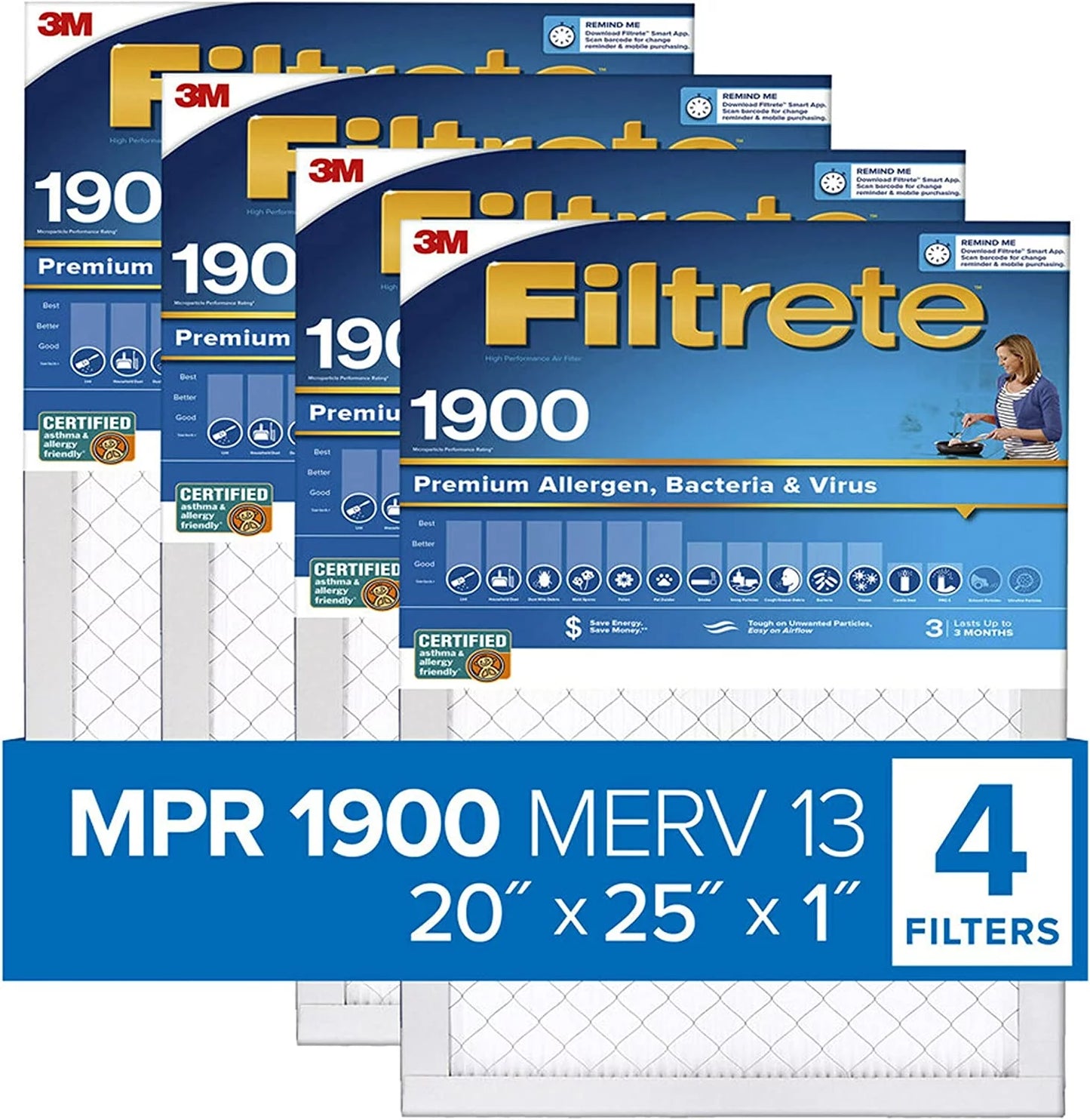 Filtrete 20x25x1, ac furnace air filter, mpr 1900, healthy living ultimate allergen, 4-pack (exact dimensions 19.69 x 24.69 x 0.78)