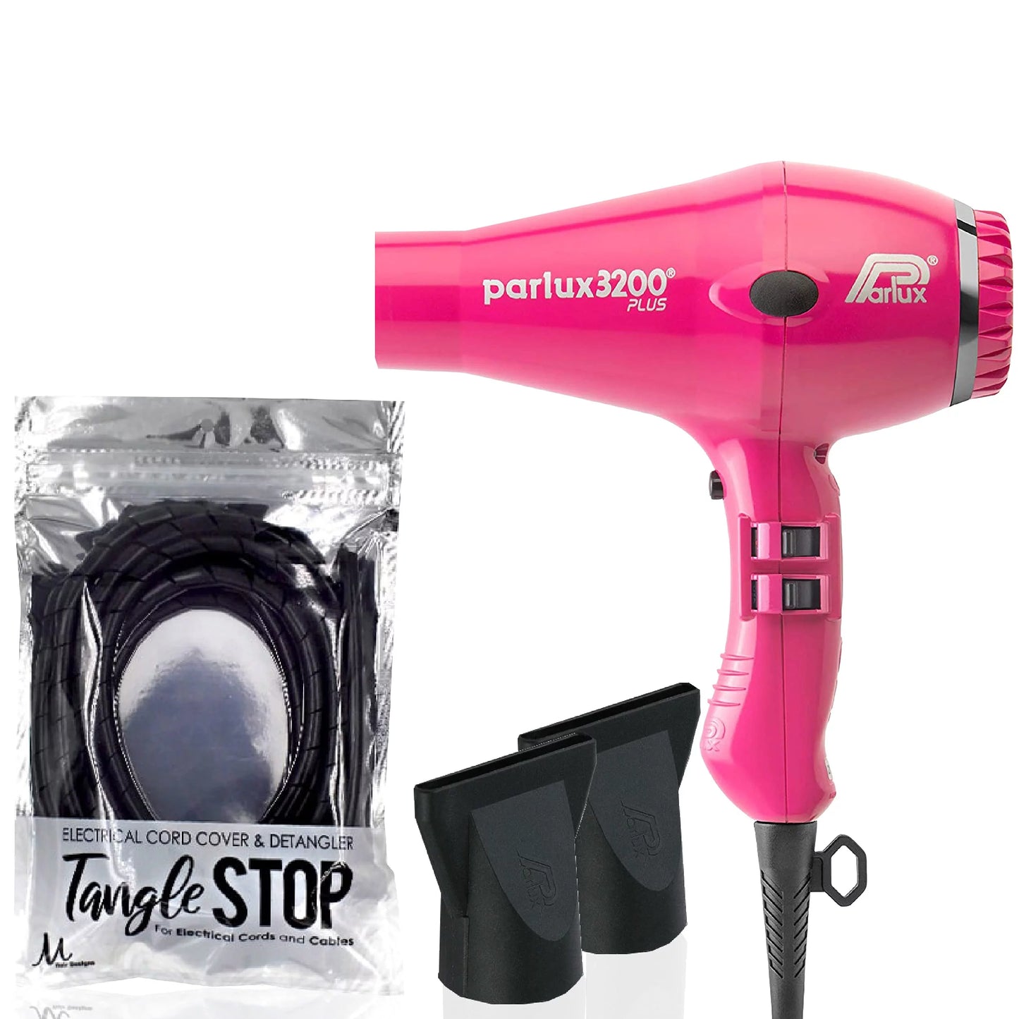 Parlux 3200 plus fuchsia hair dryer and m hair designs tangle stop cord cover detangler black (bundle - 2 items)