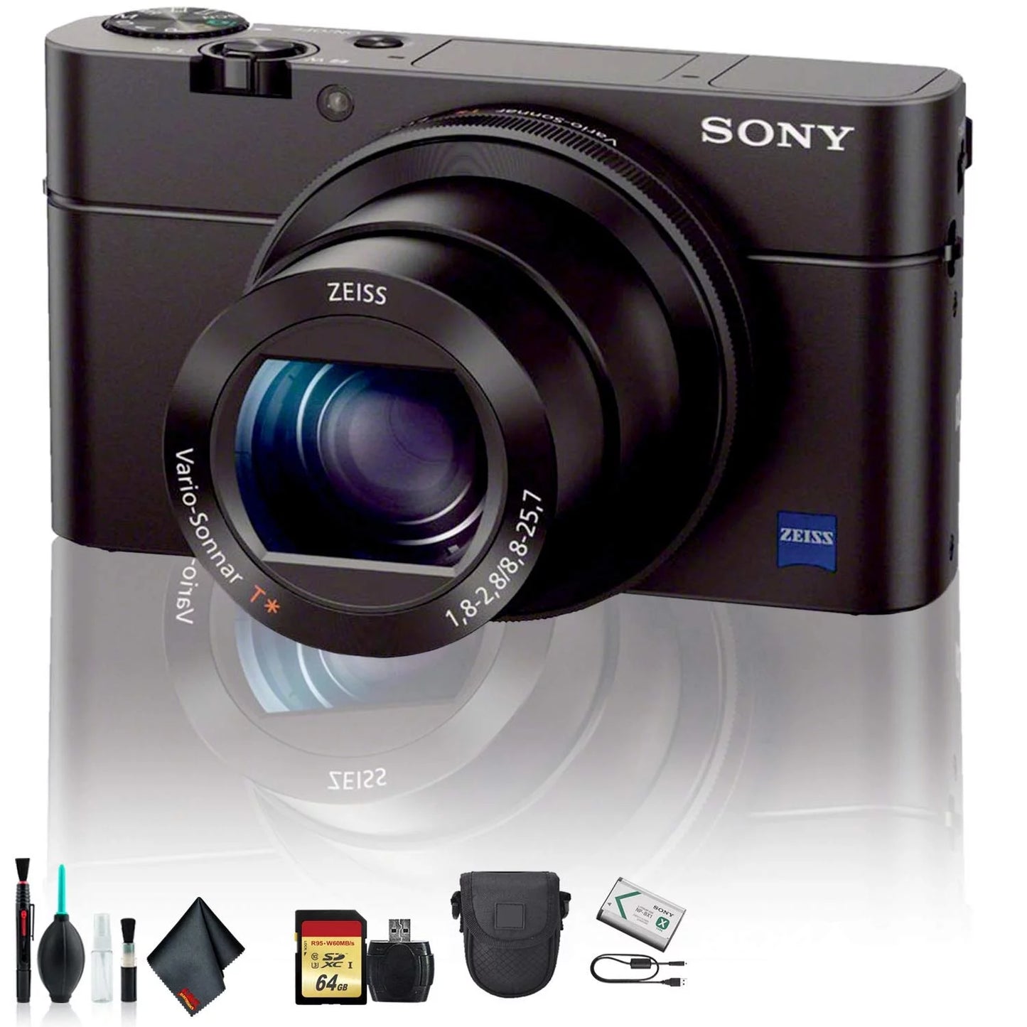 Sony cyber-shot dsc-rx100 iv camera dscrx100m4/b with soft bag, 64gb memory card, card reader , plus essential accessories