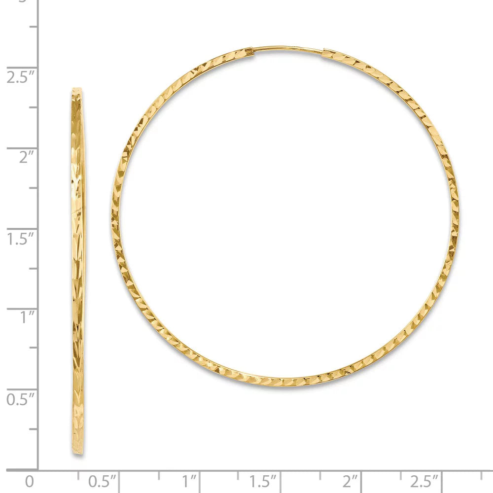 Real 14kt yellow gold diamond-cut princess square tube endless hoop earrings; for adults and teens; for women and men